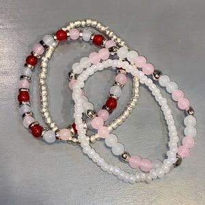 Handmade Beaded Bracelet Set - Pink, Red, White